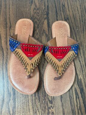 Fringed Leather Sandals in Brown with Red & Blue Accents